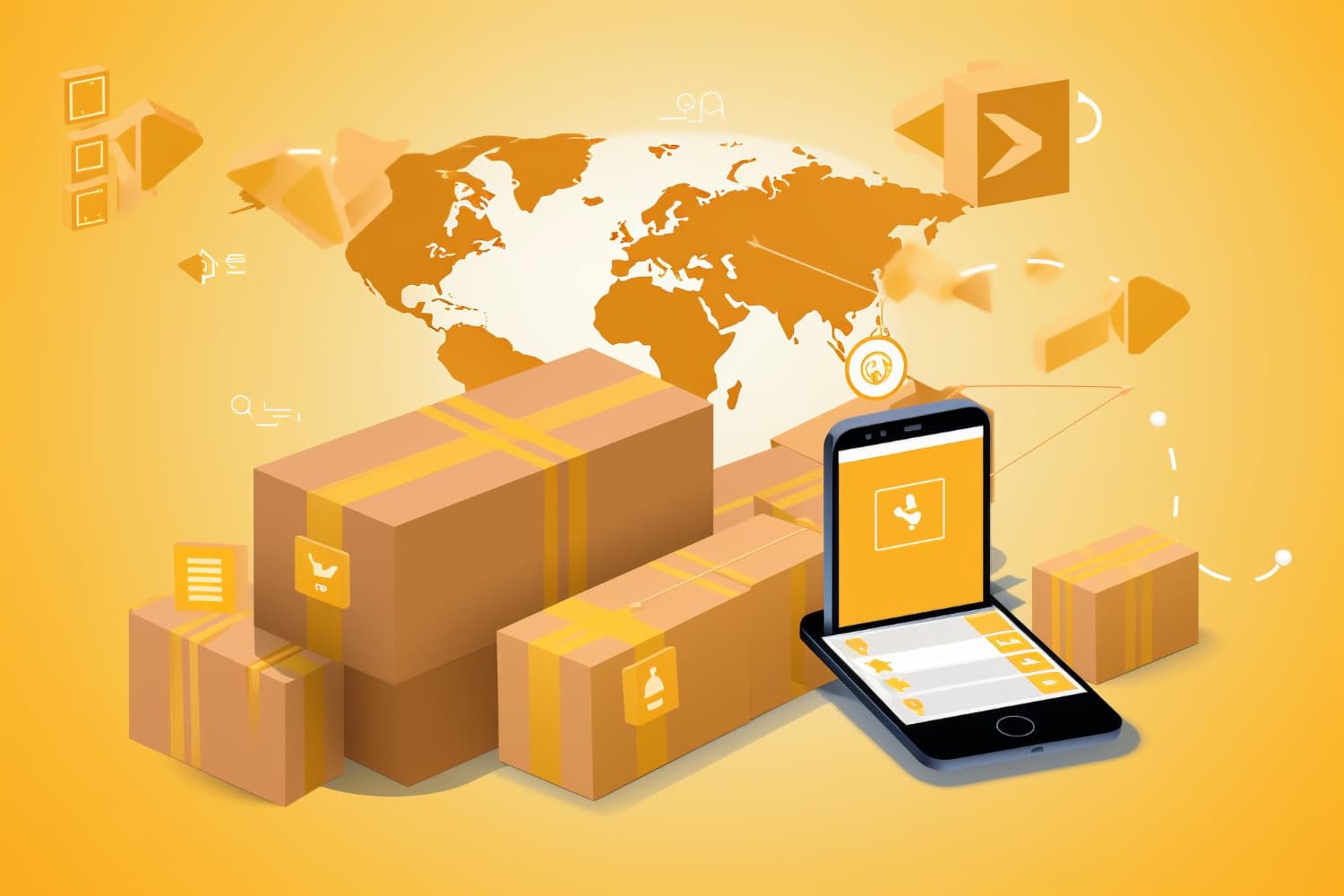 Package delivery illustration with boxes and world map
